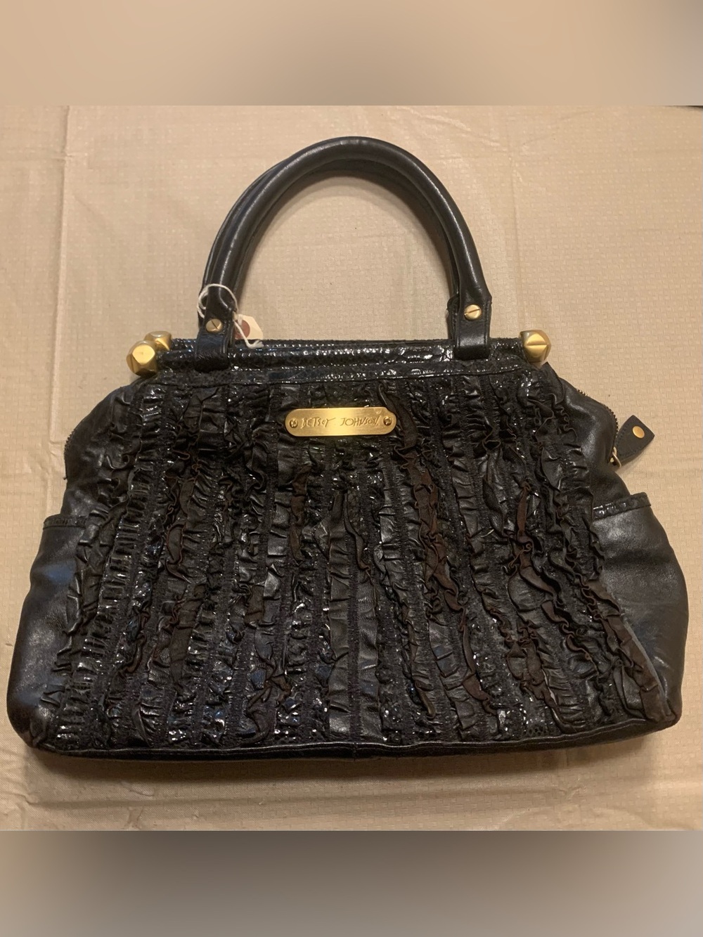 Vintage Betsey Johnson Black Ruffled Satchel with Gold Hardware